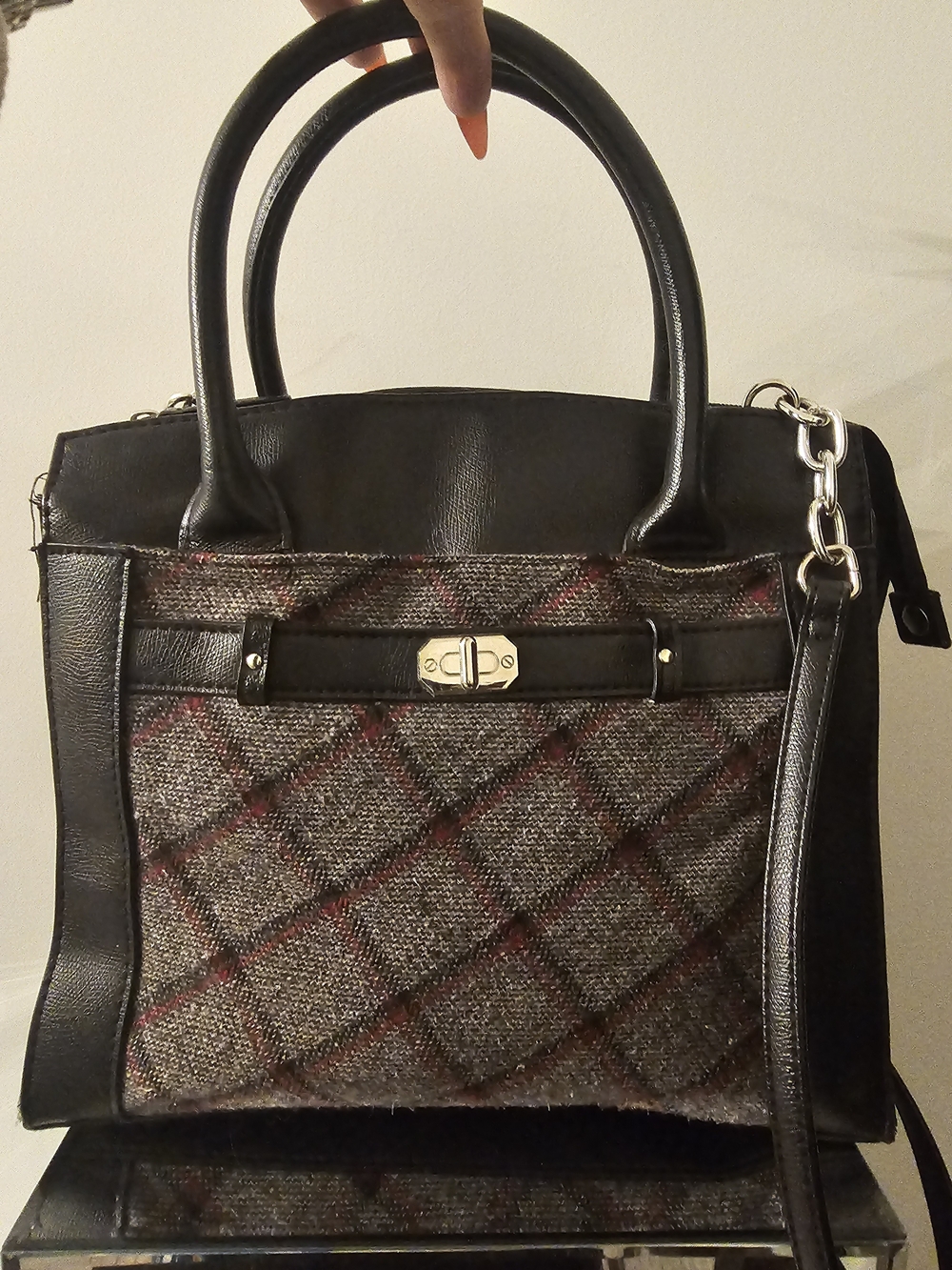 Classic Black Leather & Tweed Satchel Handbag